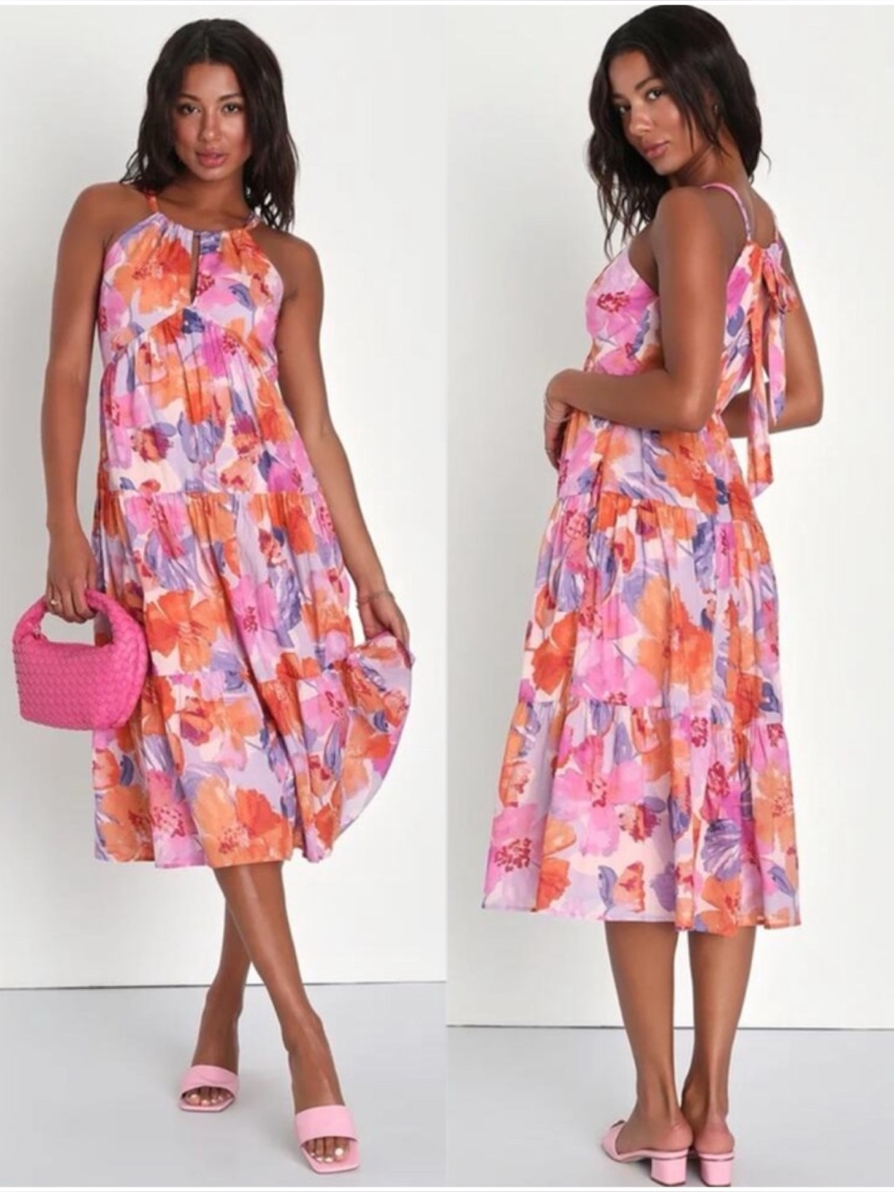 NWT Lulus Sunny Fantasy Pink Multi Floral Tiered Midi Dress With Pockets